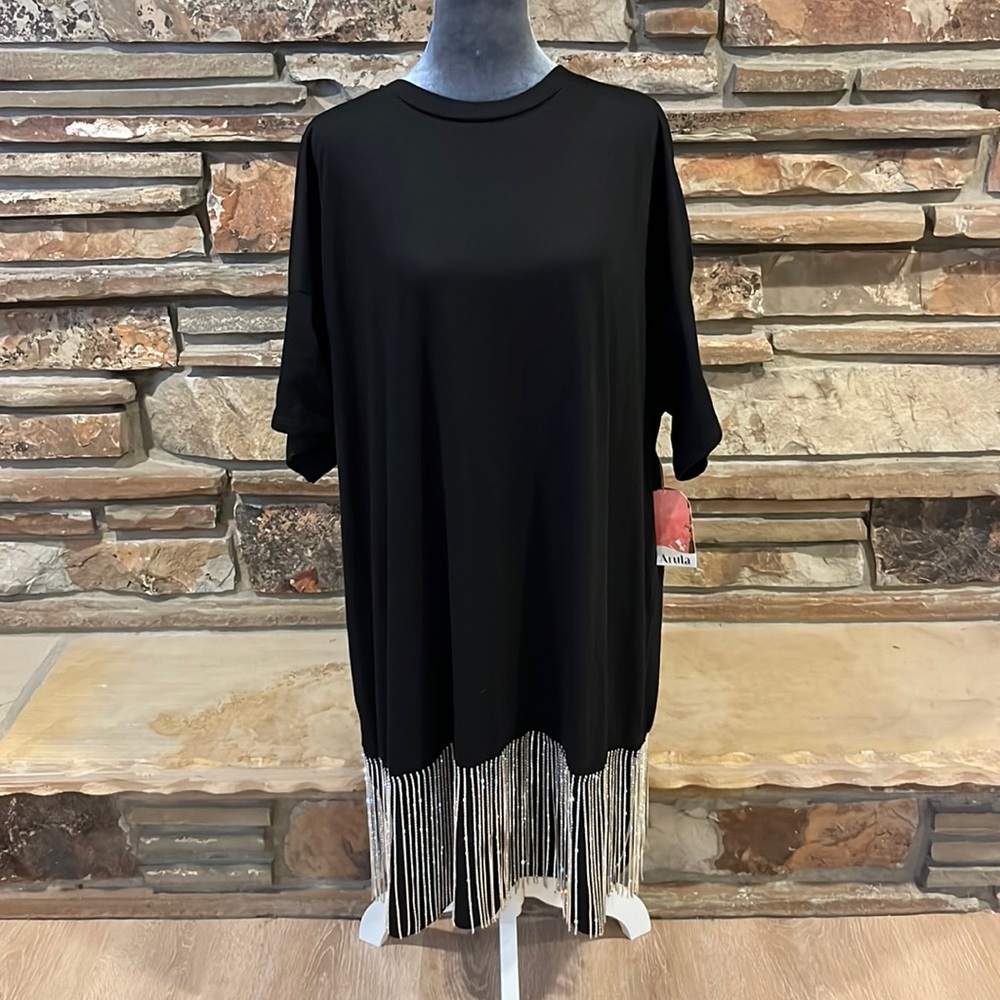 Arula Embellished Fringe Black T-Shirt Dress NWT